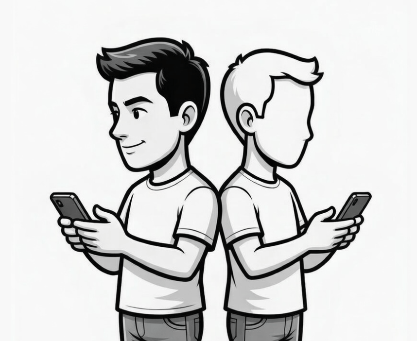 two people facing opposite directions one with facial features one without