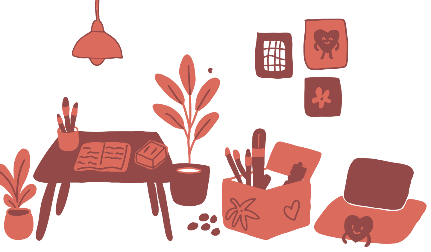 illustration d’un bureau créatif avec fournitures, plantes et décorations murales