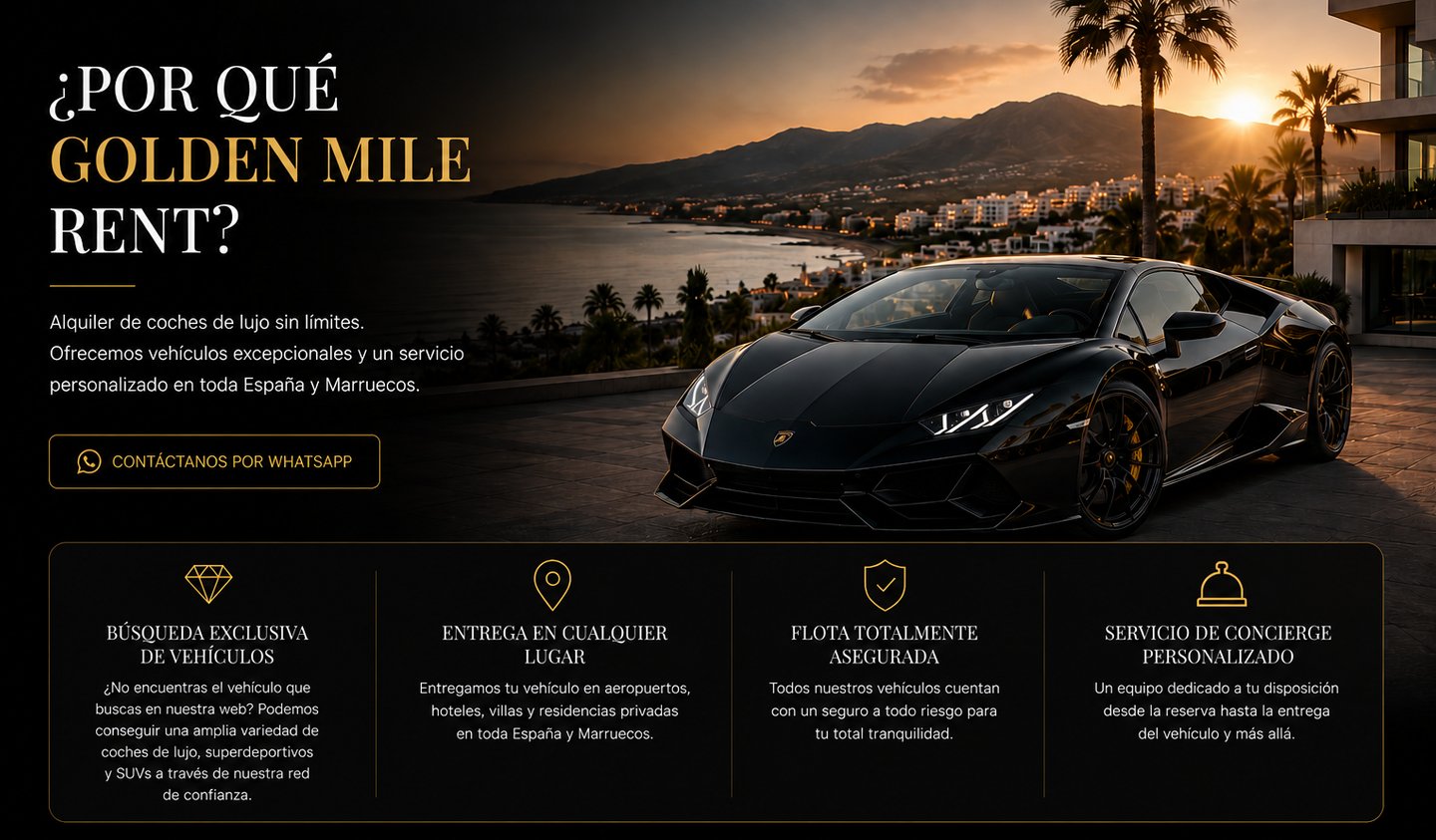 Black luxury Lamborghini sports car parked at sunset for Golden Mile Rent car hire services.