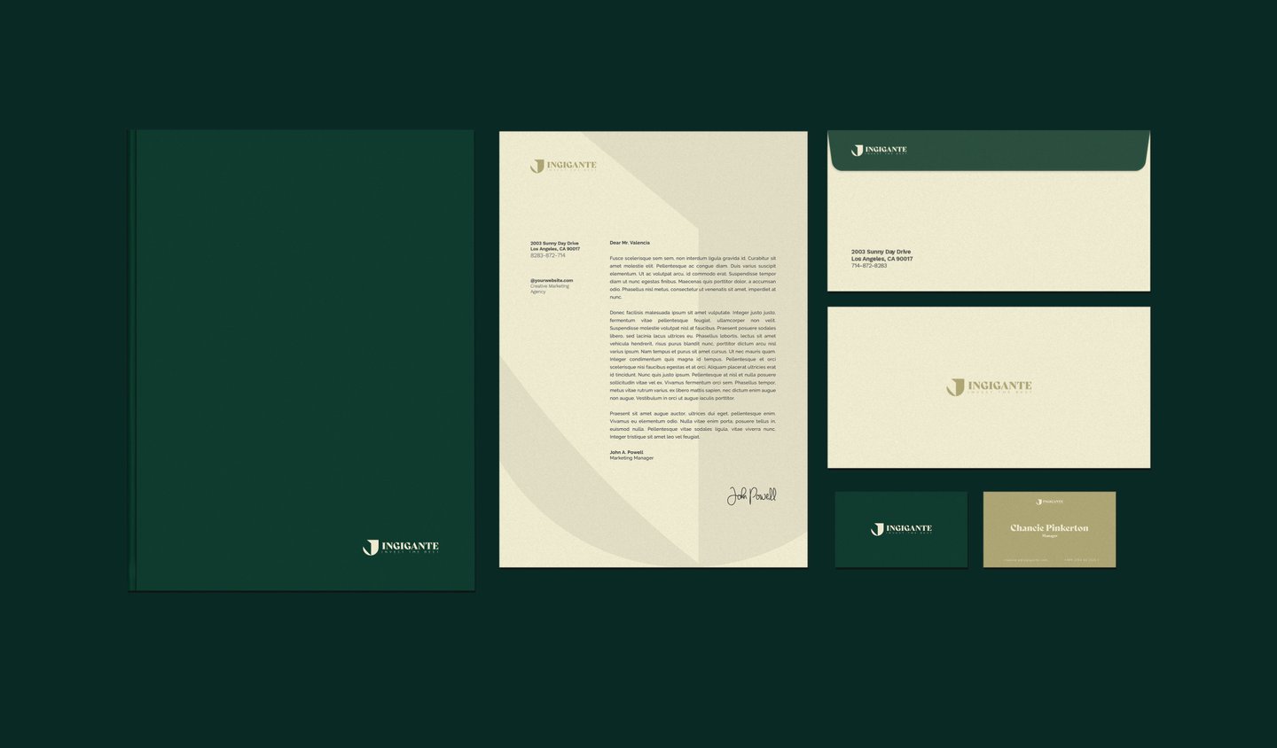 a business card with a green and white background