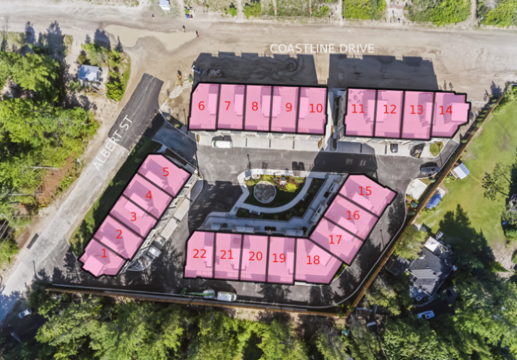 Aerial view of a townhouse development site plan with numbered residential units and nearby roads.