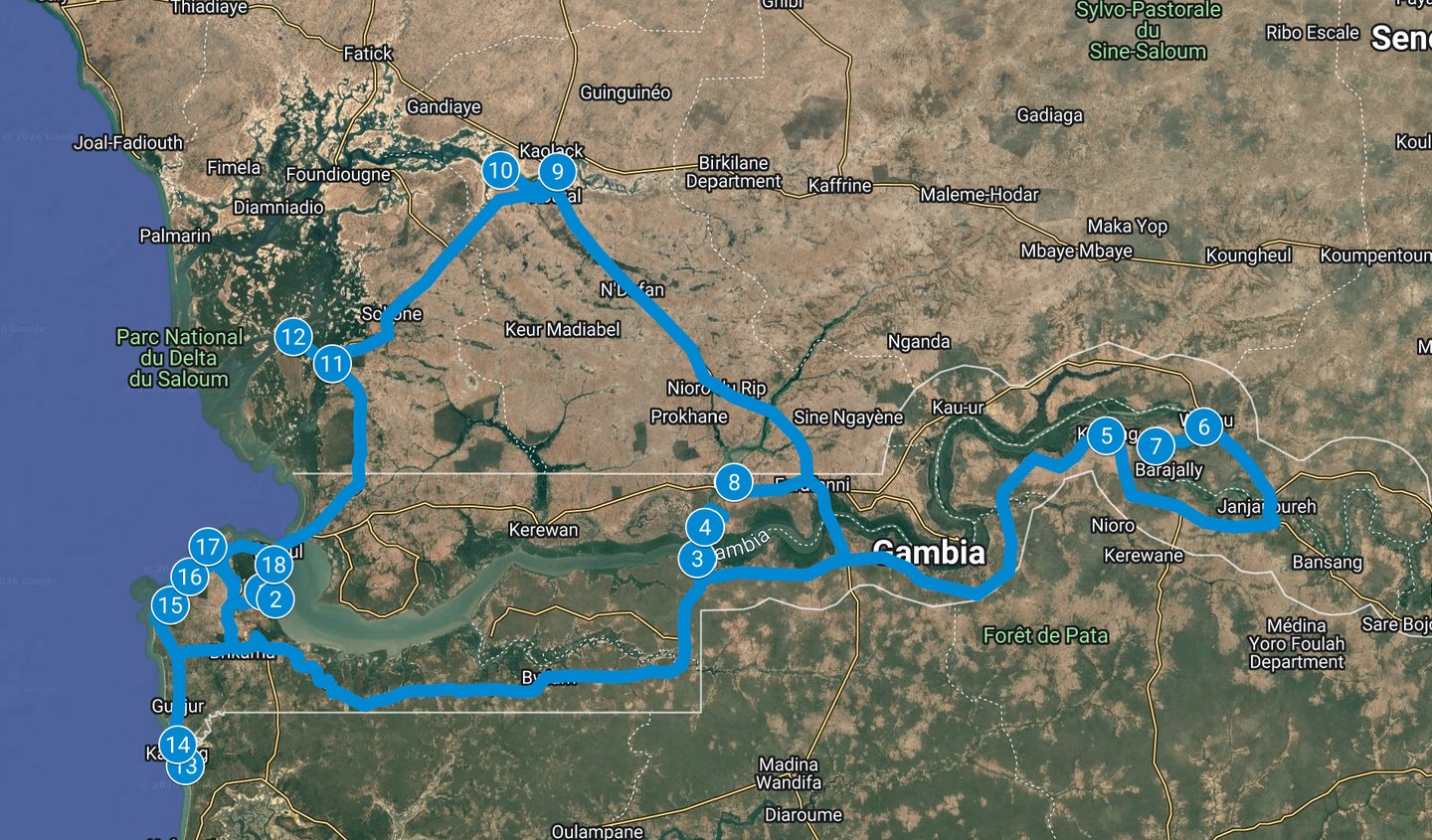 Route map 18-Day Bird Photography Tour: The Gambia & Senegal – Saloum Delta