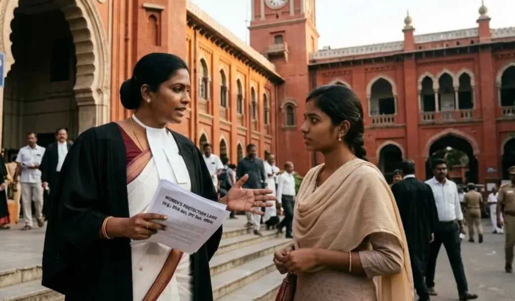 Women lawyer advising client outside Madras High Court Chennai on legal case and women rights