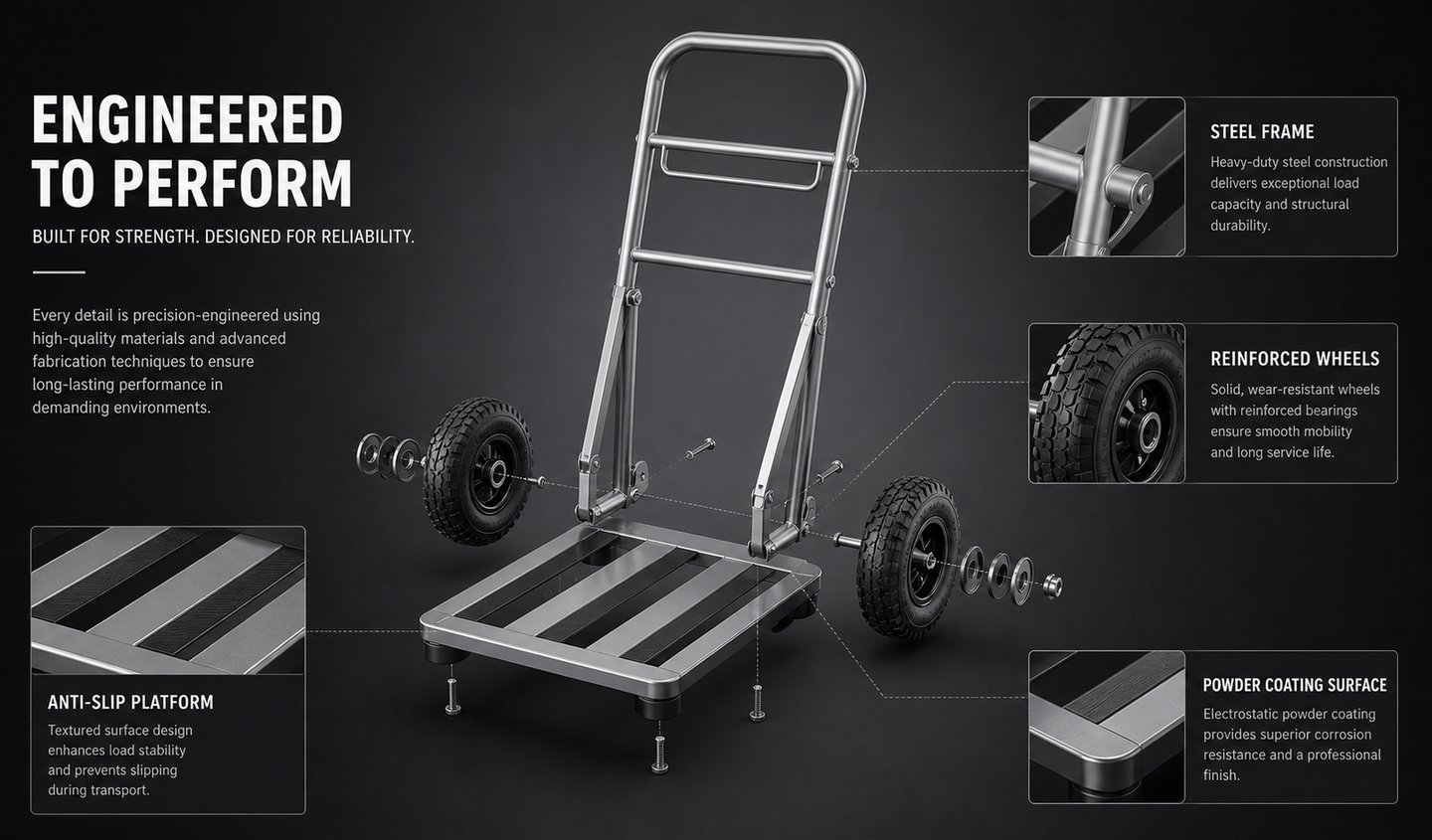 Exploded view diagram of a heavy-duty steel hand truck with an anti-slip platform and reinforced wheels.