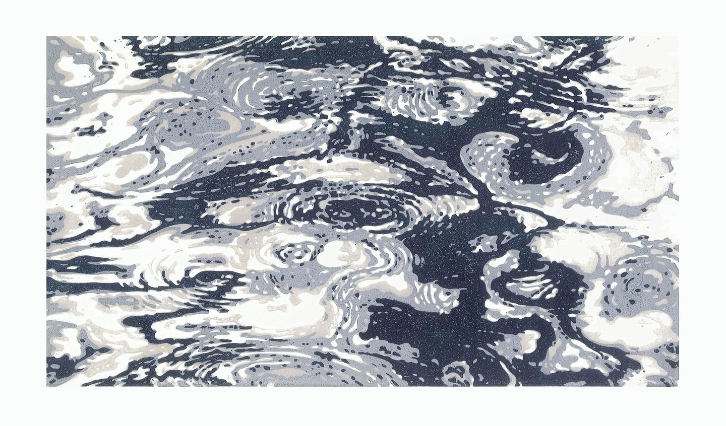  Linogravure en couleur représentant des ondulations aquatiques.