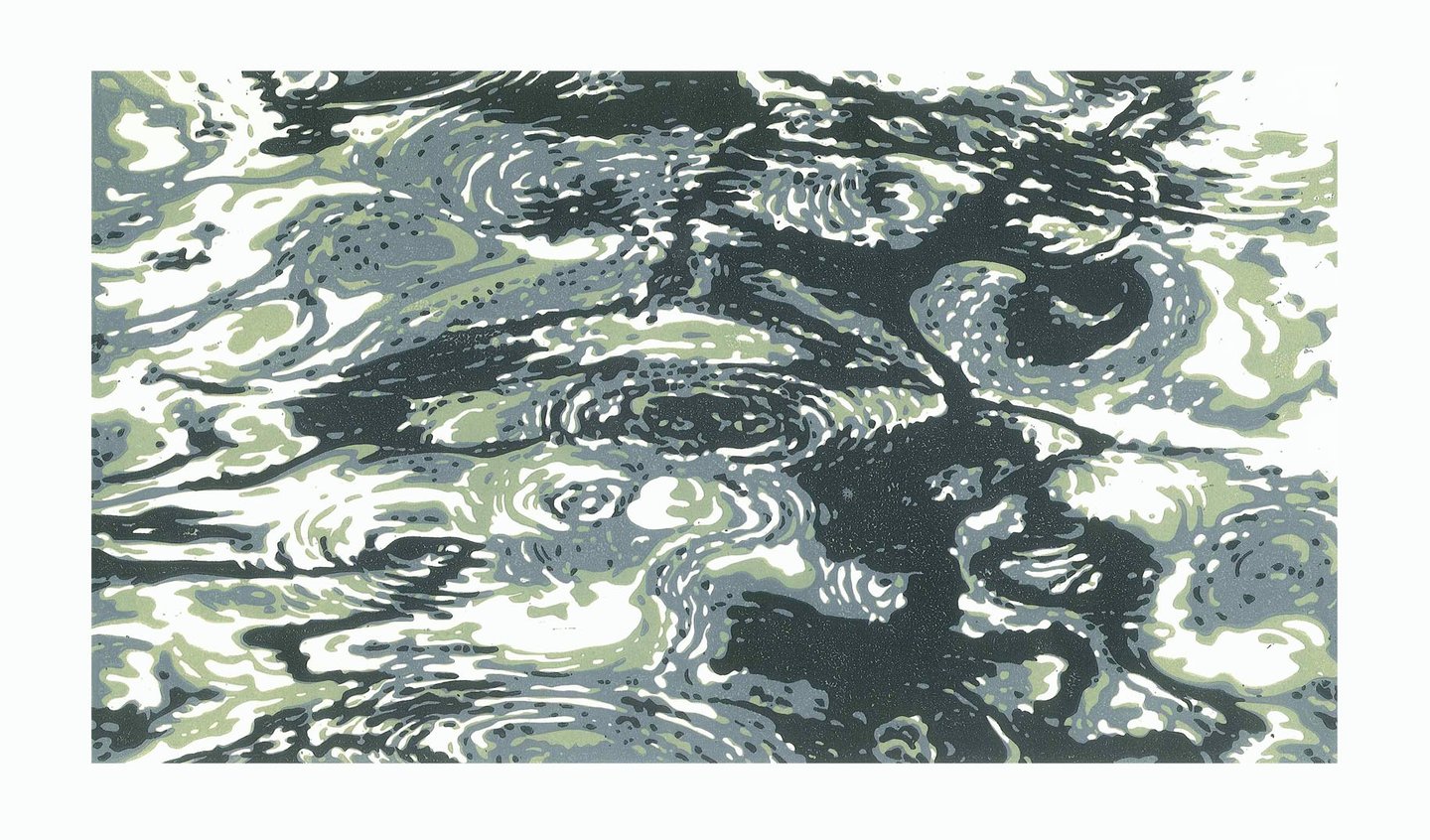  Linogravure en couleur représentant des ondulations aquatiques.