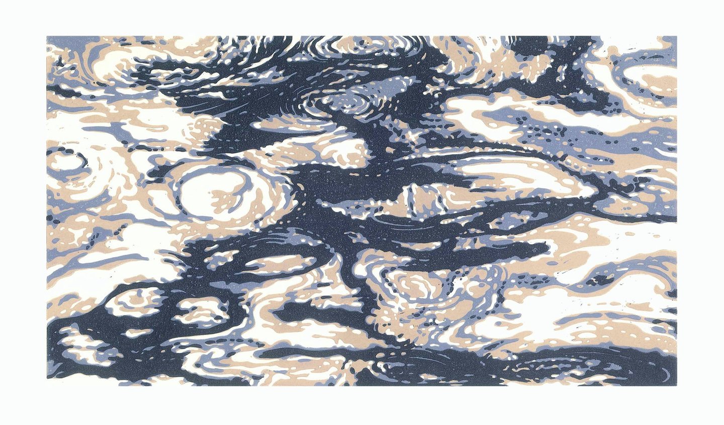  Linogravure en couleur représentant des ondulations aquatiques.