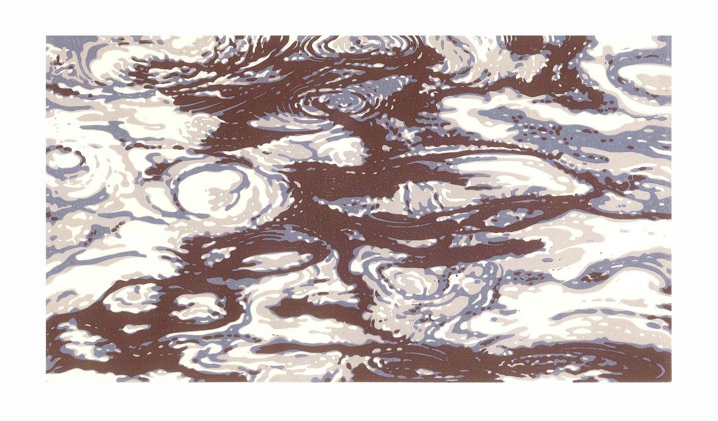  Linogravure en couleur représentant des ondulations aquatiques.