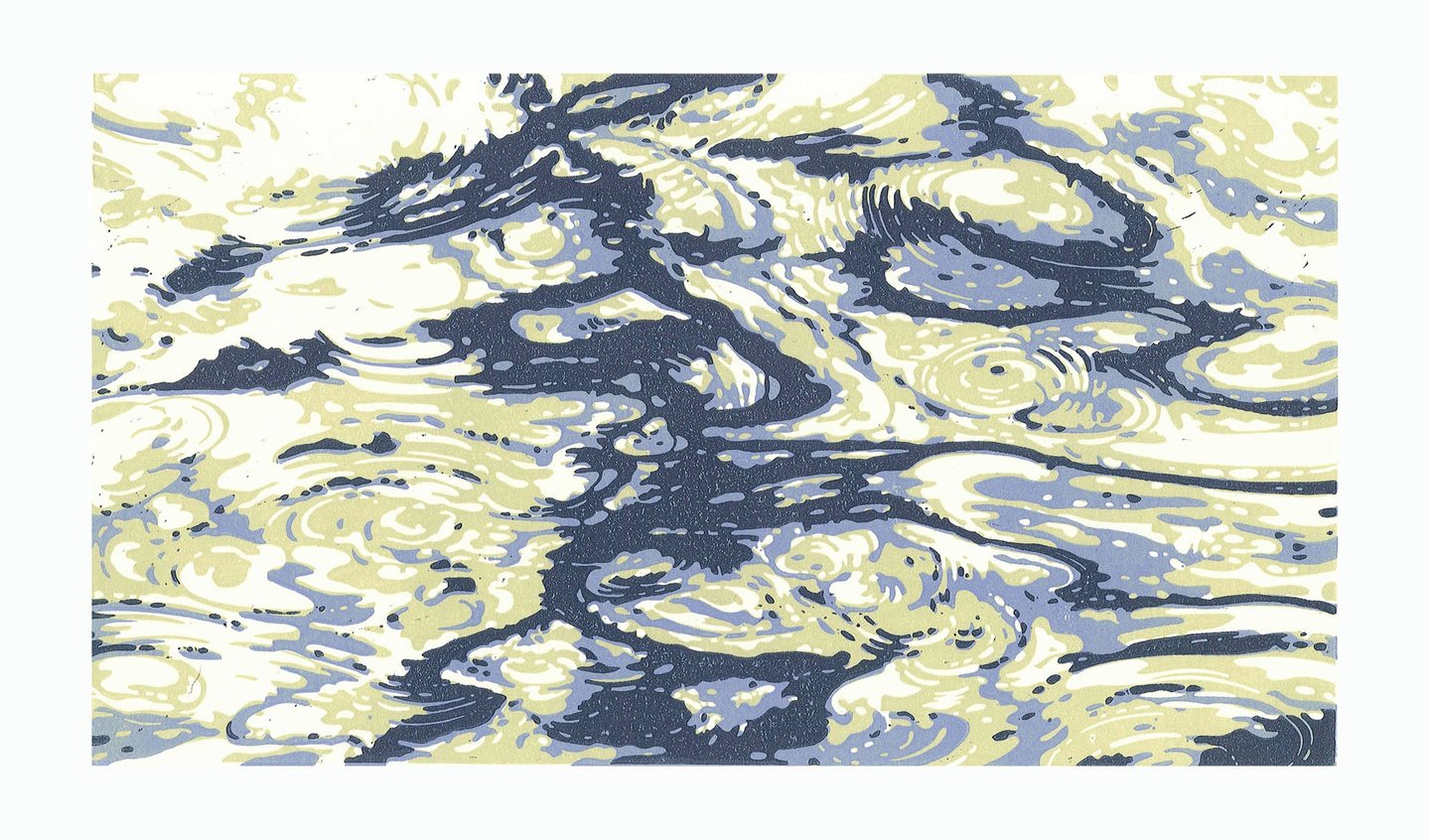  Linogravure en couleur représentant des ondulations aquatiques.