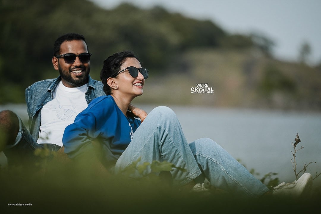 Pre wedding photography, bride and groom wearing black sun glasses