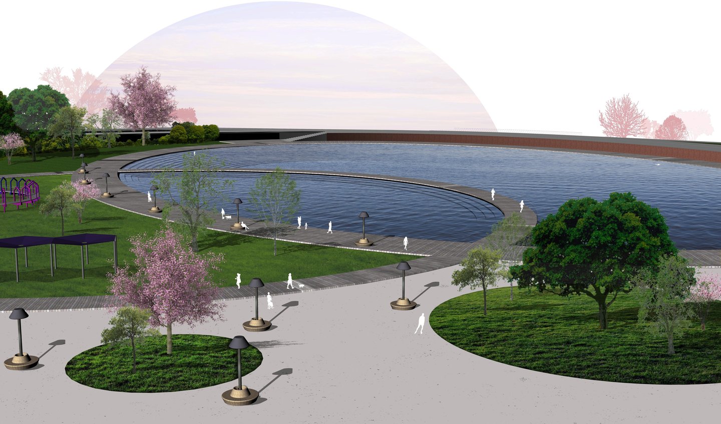 a large park rendering with a pond and trees