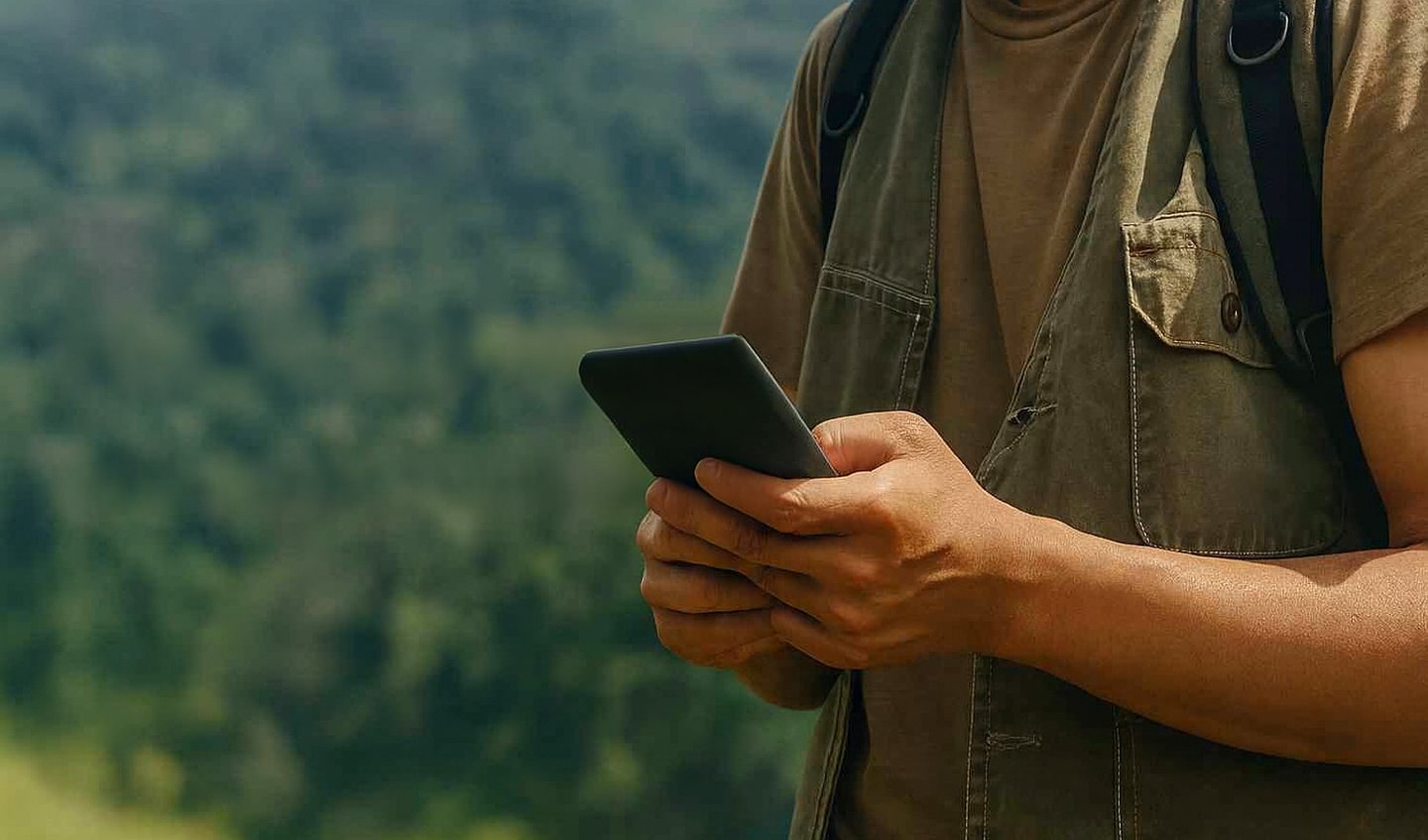 a conservation steward filling in a report of a wildlife crime on the field app on his mobile phone