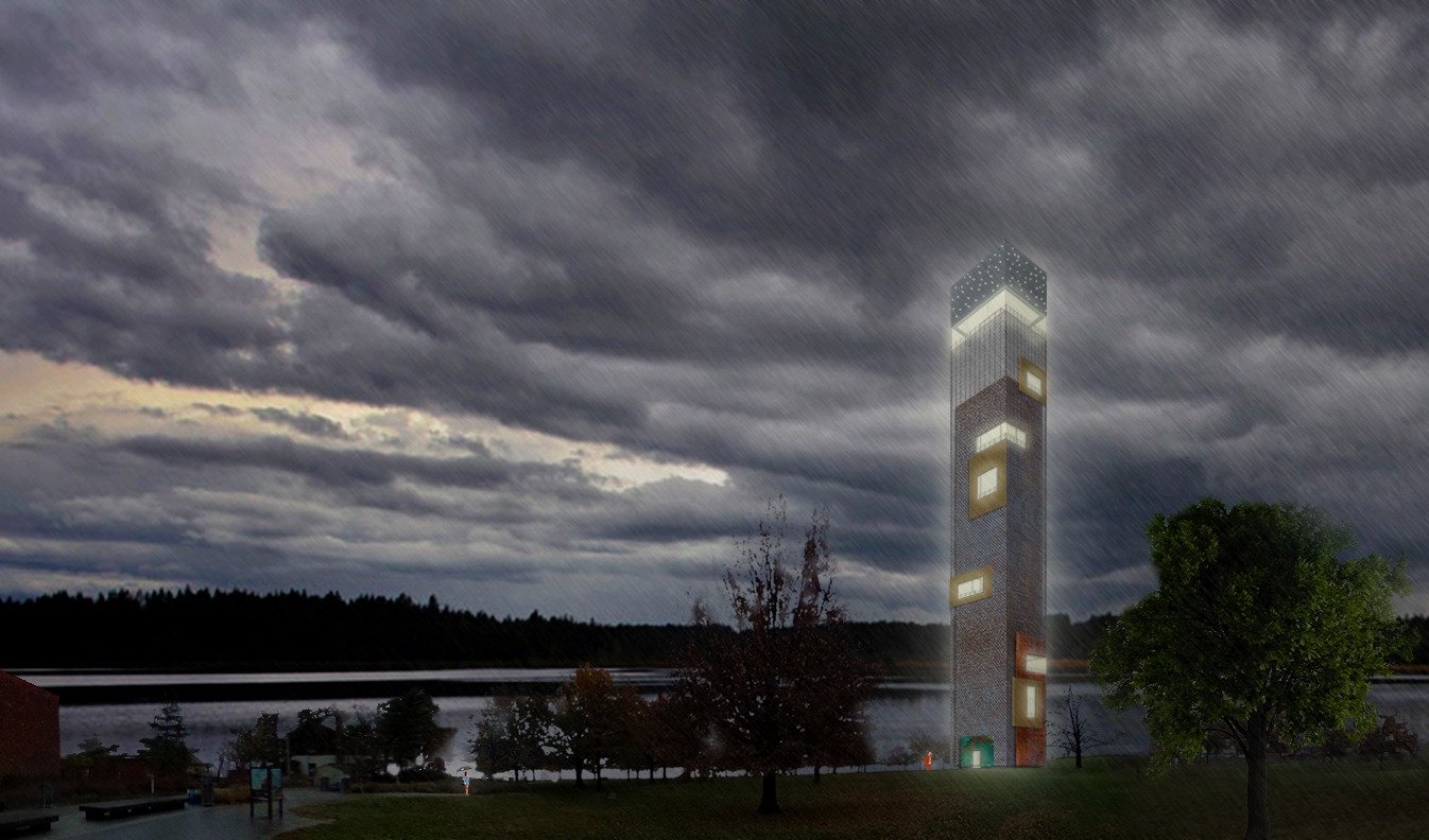 a rendering of a metal observation tower in the rain