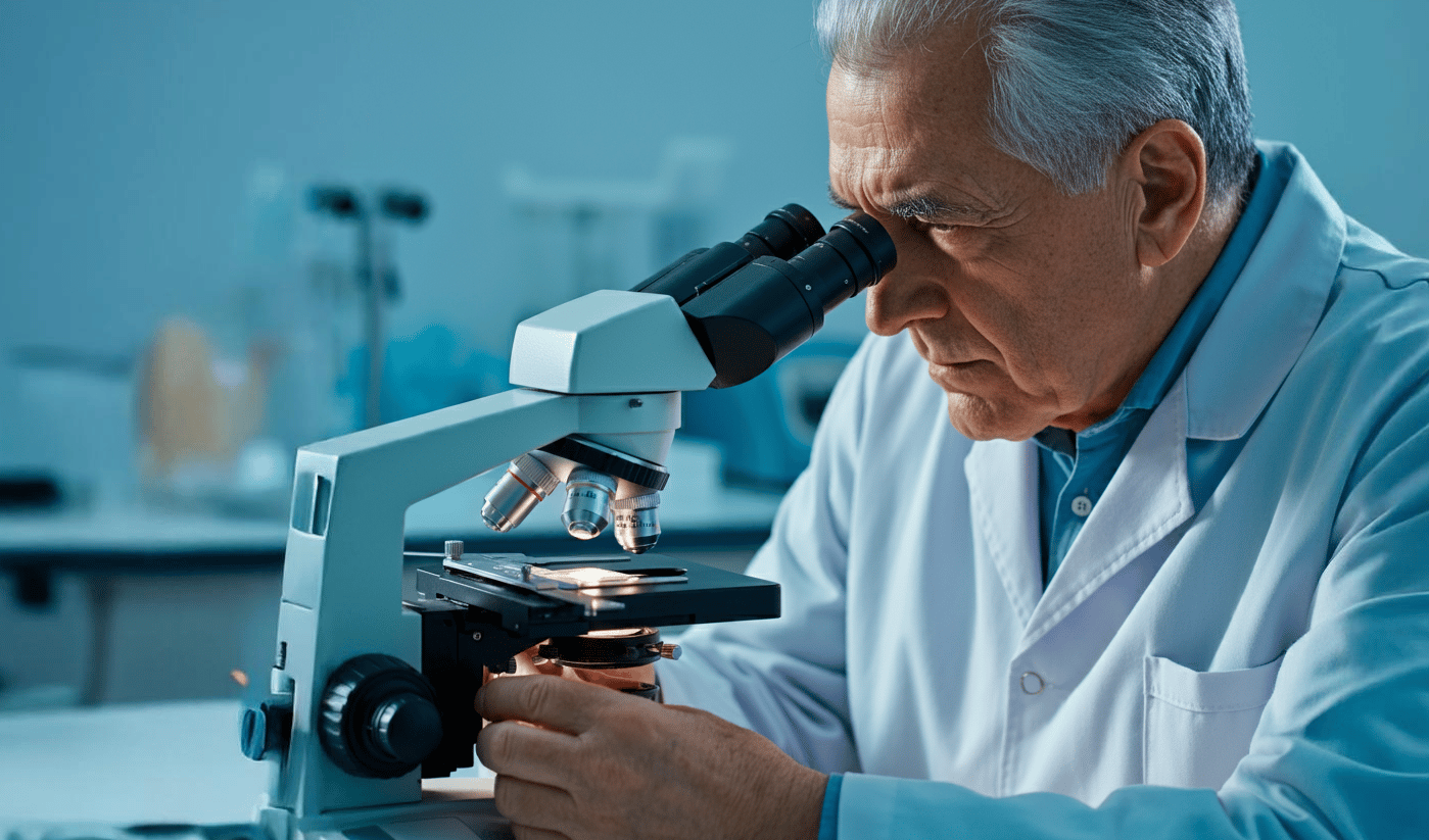 a man in a lab coat and lab coat holding a microscope