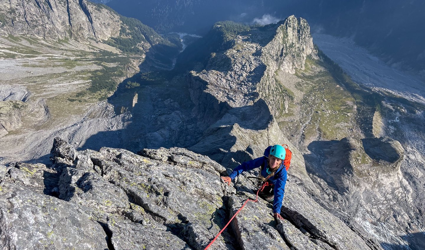 Climbing in the sun — High on the north ridge of Piz Badile.