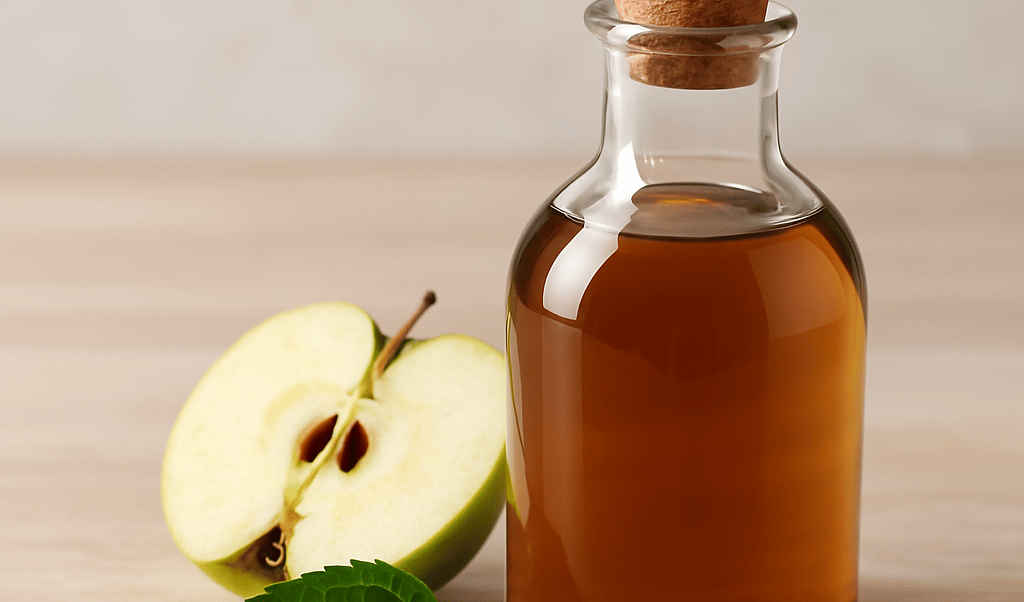 Botella de vinagre de manzana y rodajas de manzana sobre fondo neutro para uso cosmético natural
