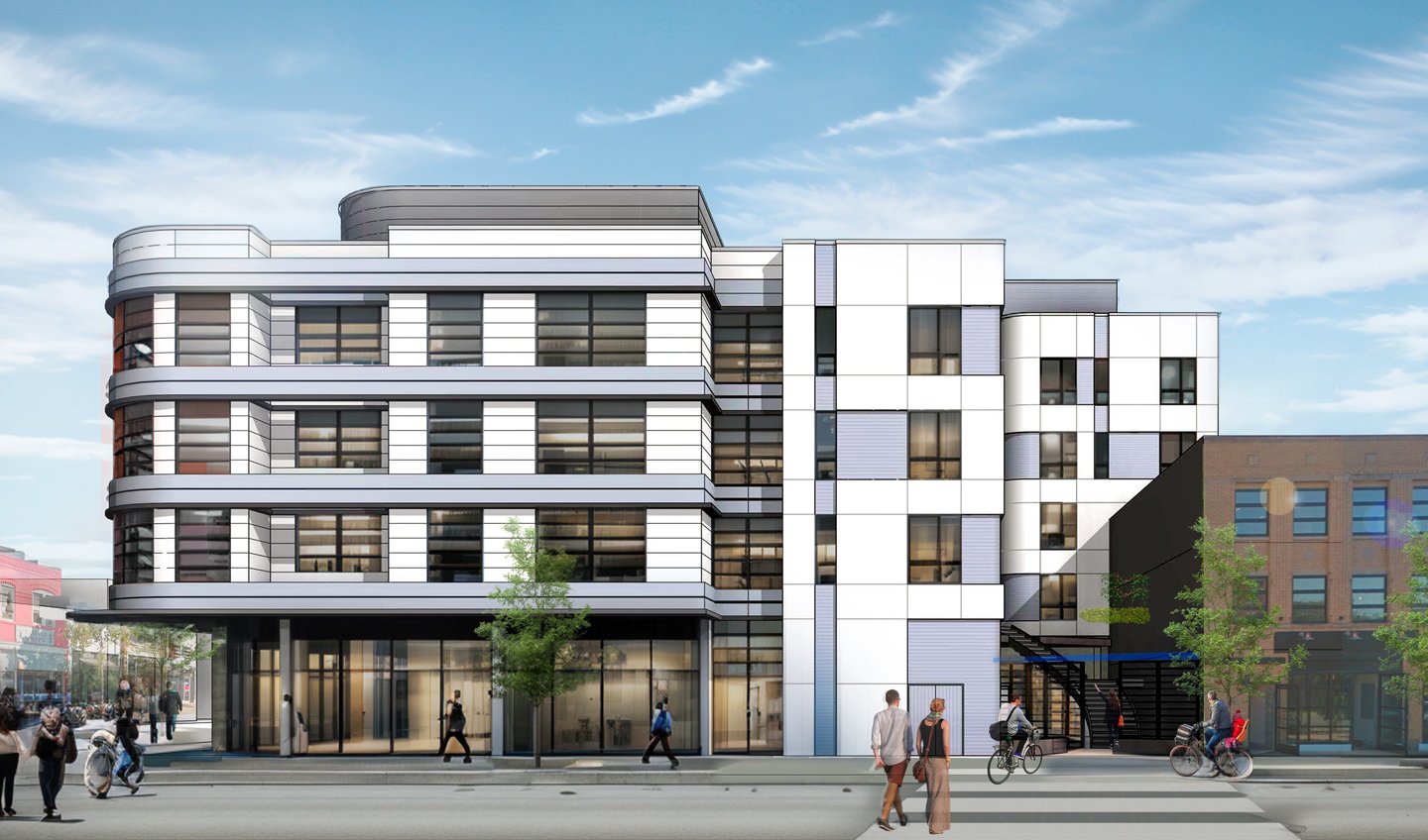 a rendering of a blue and white art-deco apartment building