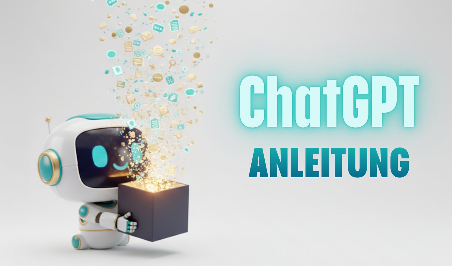 Ein Machine2Mind Roboter öffnet eine leuchtende Box mit ChatGPT-Icons und dem Text ChatGPT Anleitung