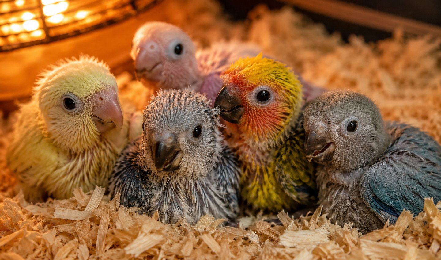 Healthy Baby Birds in a Smart Solar Aviary Brooder Hub