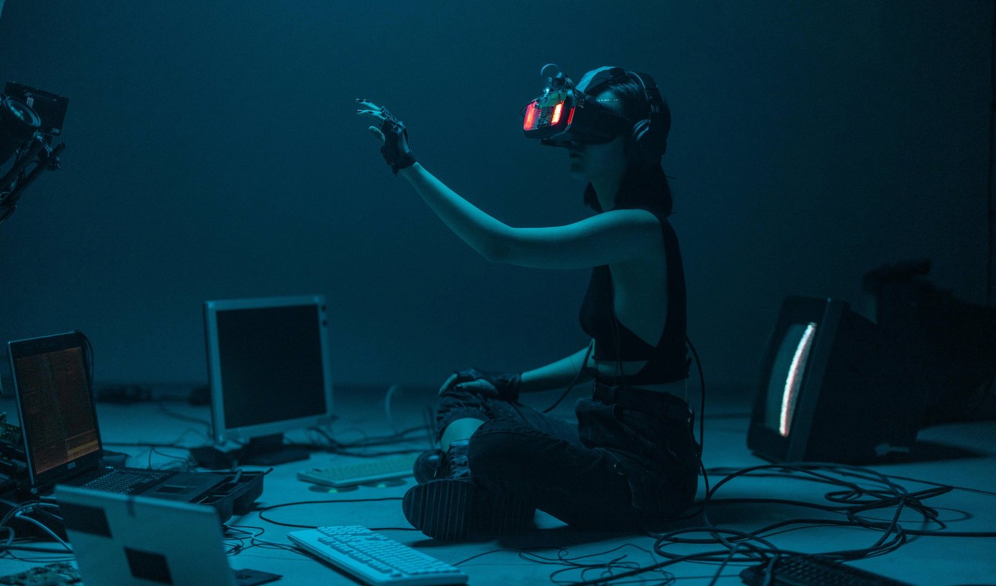 a woman in a virtual reality headset