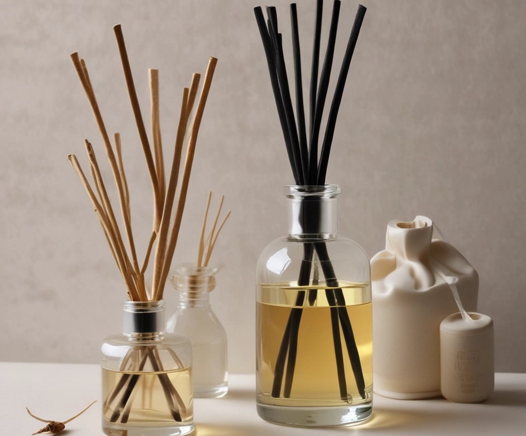 A white, sleek essential oil diffuser emits a gentle wisp of vapor, placed alongside a small dark bottle labeled ‘Eucalyptus’. They both rest on a soft gray fabric, accompanied by a branch of eucalyptus leaves that adds a natural touch.