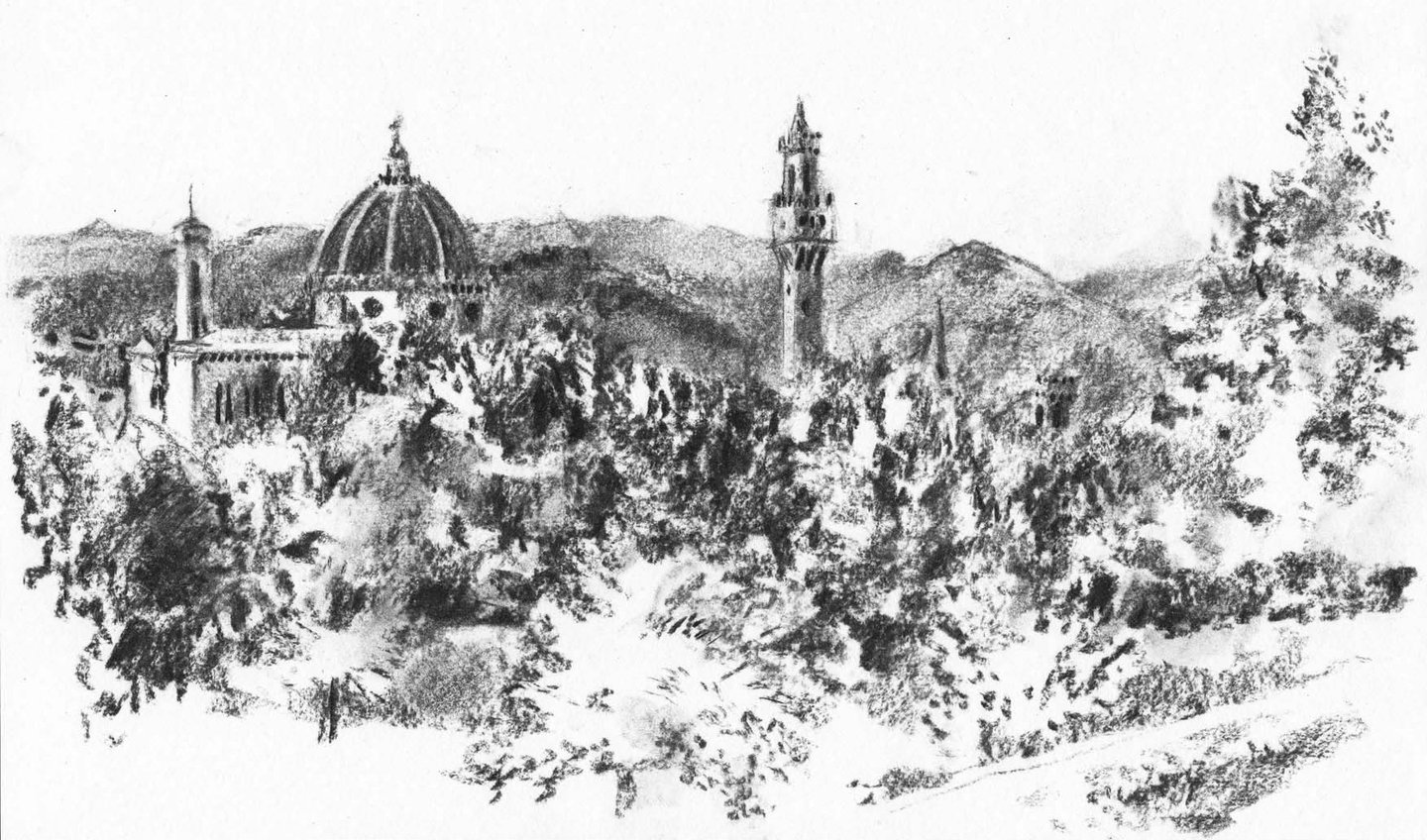 Dessin de paysage au fusain représentant le Dôme de Florence