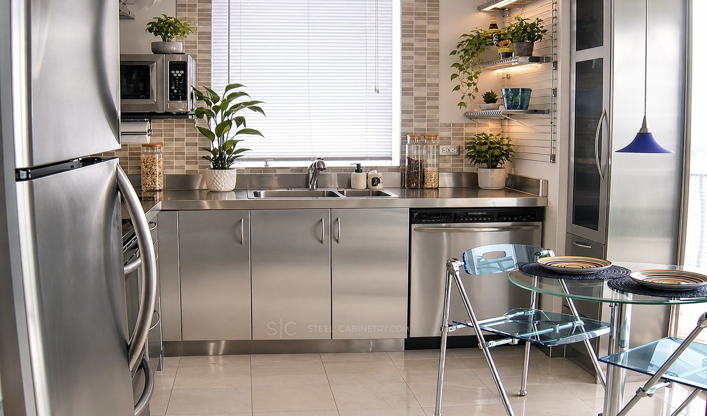 Minimalist stainless steel kitchen cabinets