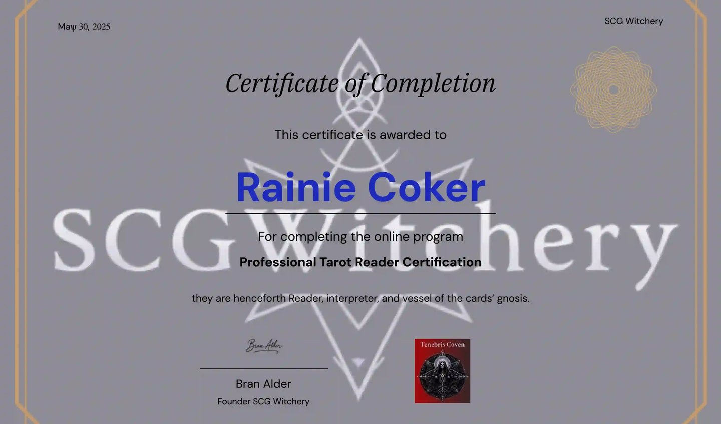 Rainies Tarot certification.