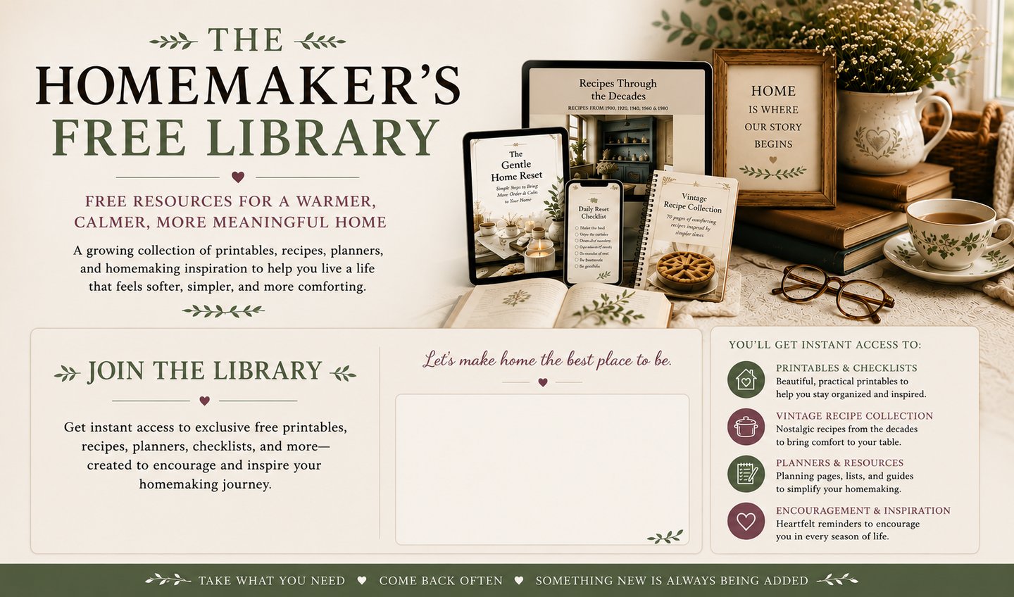 A collection of homemaking printables, recipe books, and digital planners for a cozy home library.