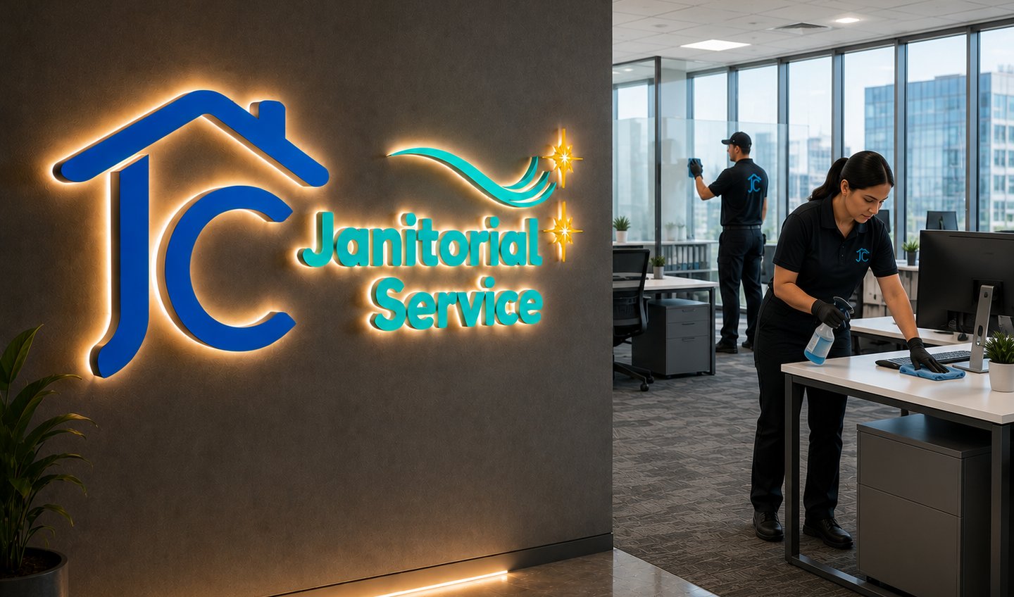 Professional JC Janitorial Service staff cleaning desks and windows in a modern office building.