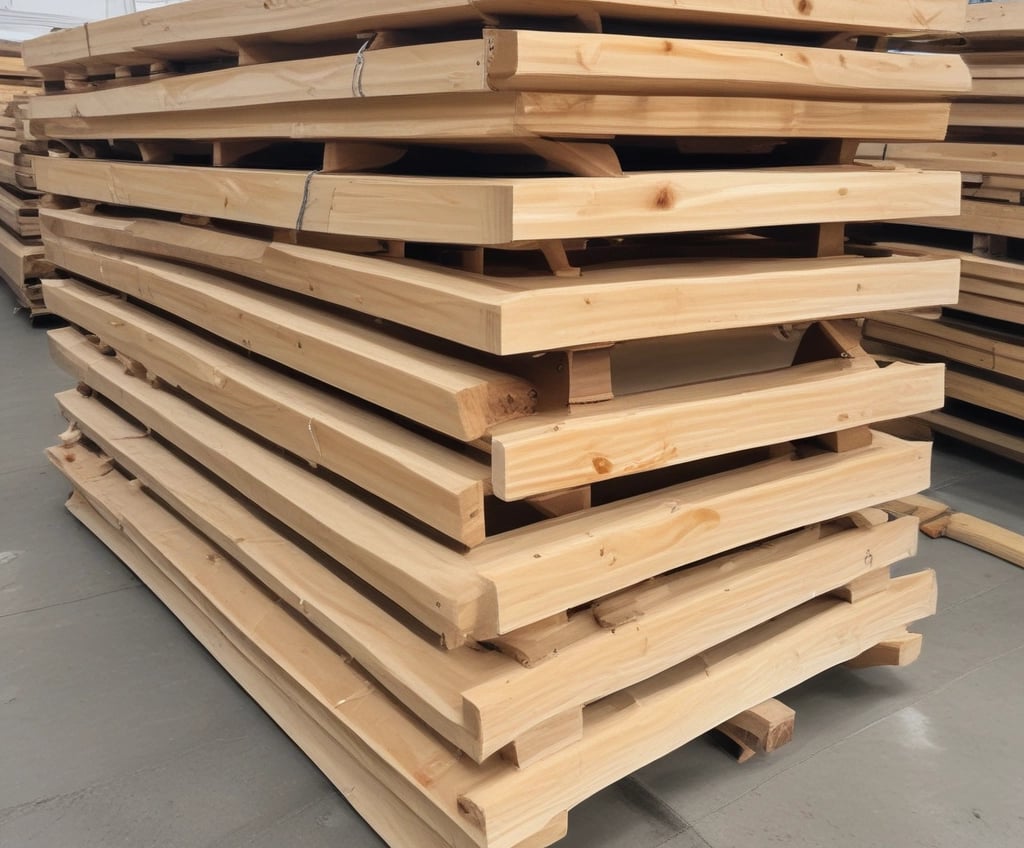 A collection of wooden pallets is neatly stacked on the side of an urban street. The pallets are arranged in columns, some taller than others, against a backdrop of a multi-story parking structure, trees, and a chain-link fence. There are green plants on the left and a tree overhanging on the right side of the scene.