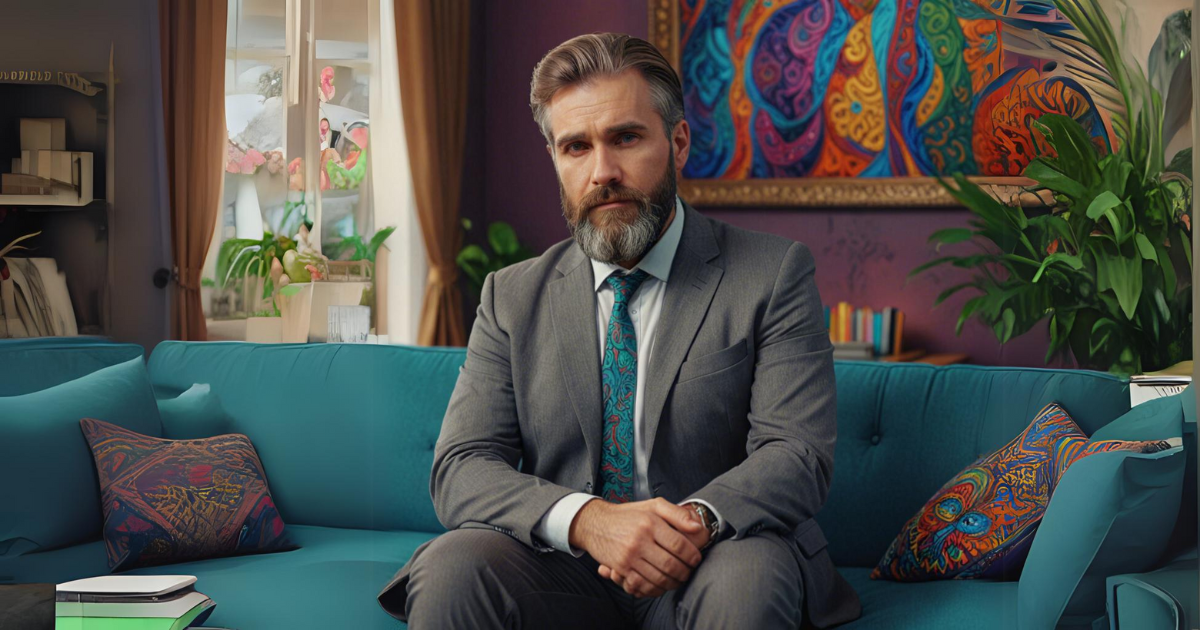 a Psychologist DOC in a suit and tie sitting on a couch