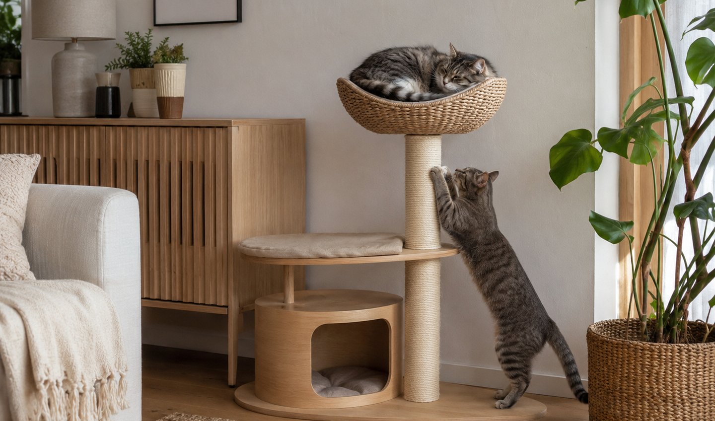 Small apartment pet corner with modern wooden cat furniture, sisal scratching post, neutral cushions