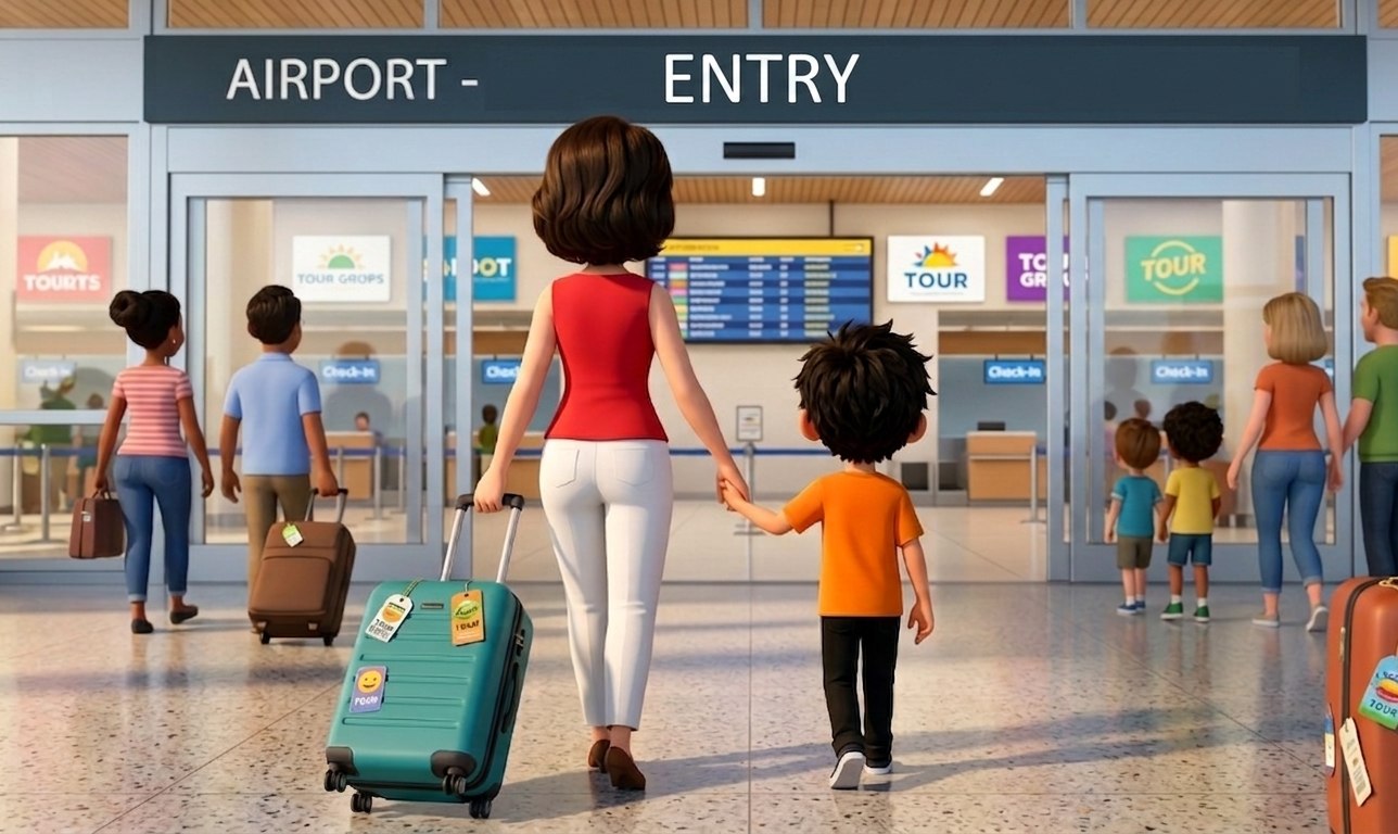 Cartoon mother and child holding hands while walking into a busy airport terminal for family travel.