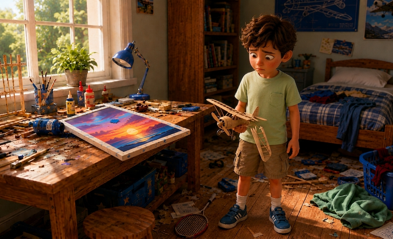 Young boy holding a wooden model airplane in a sunlit art studio with a sunset painting.