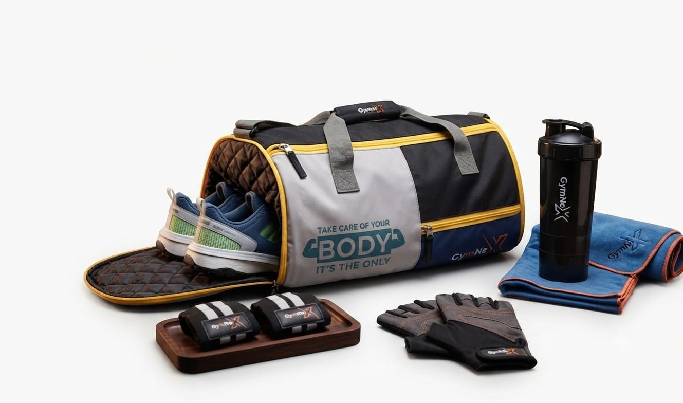 Duffel gym bag with shoe compartment, sneakers, shaker bottle, and workout gloves.