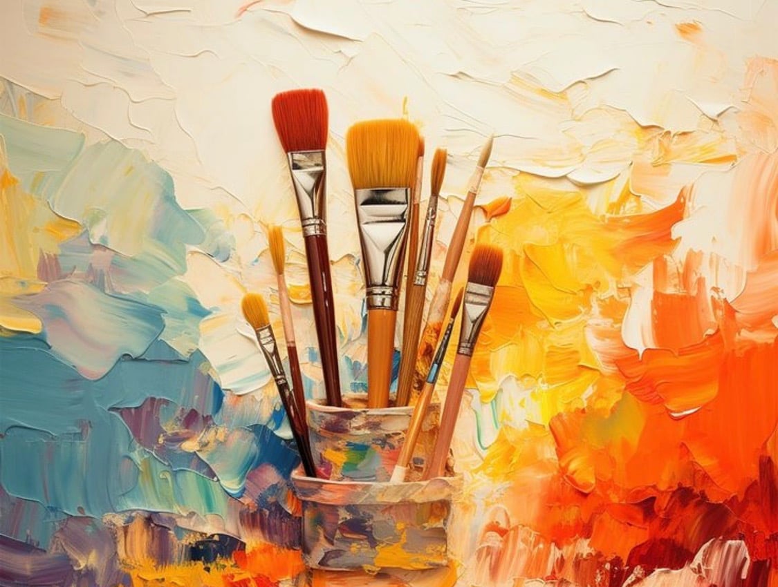 Paintbrushes in container with a colorful textured abstract background of blue,orange & yellow oil