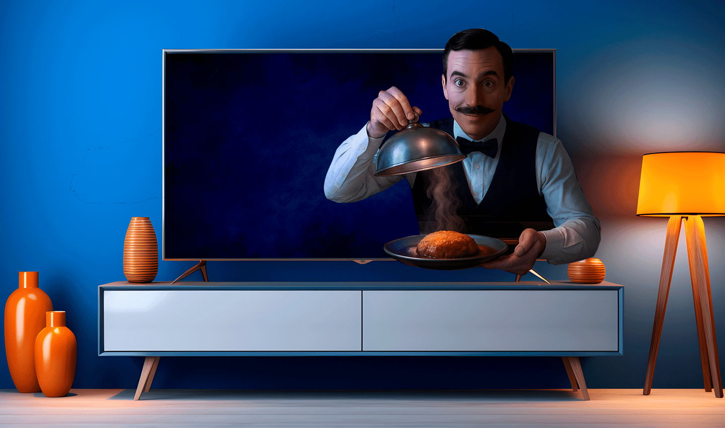 Garçom elegante saindo da TV e oferecendo prato saboroso — cardápio digital para hotéis