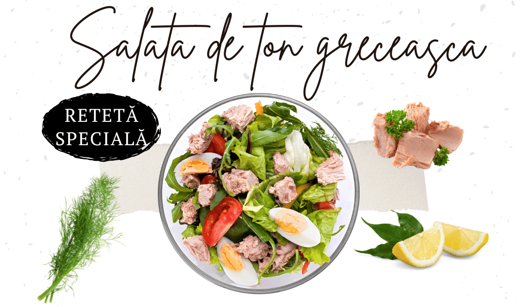 Rețetă specială de salată grecească cu ton, ouă, legume proaspete și dressing cu ulei de măsline și lămâie