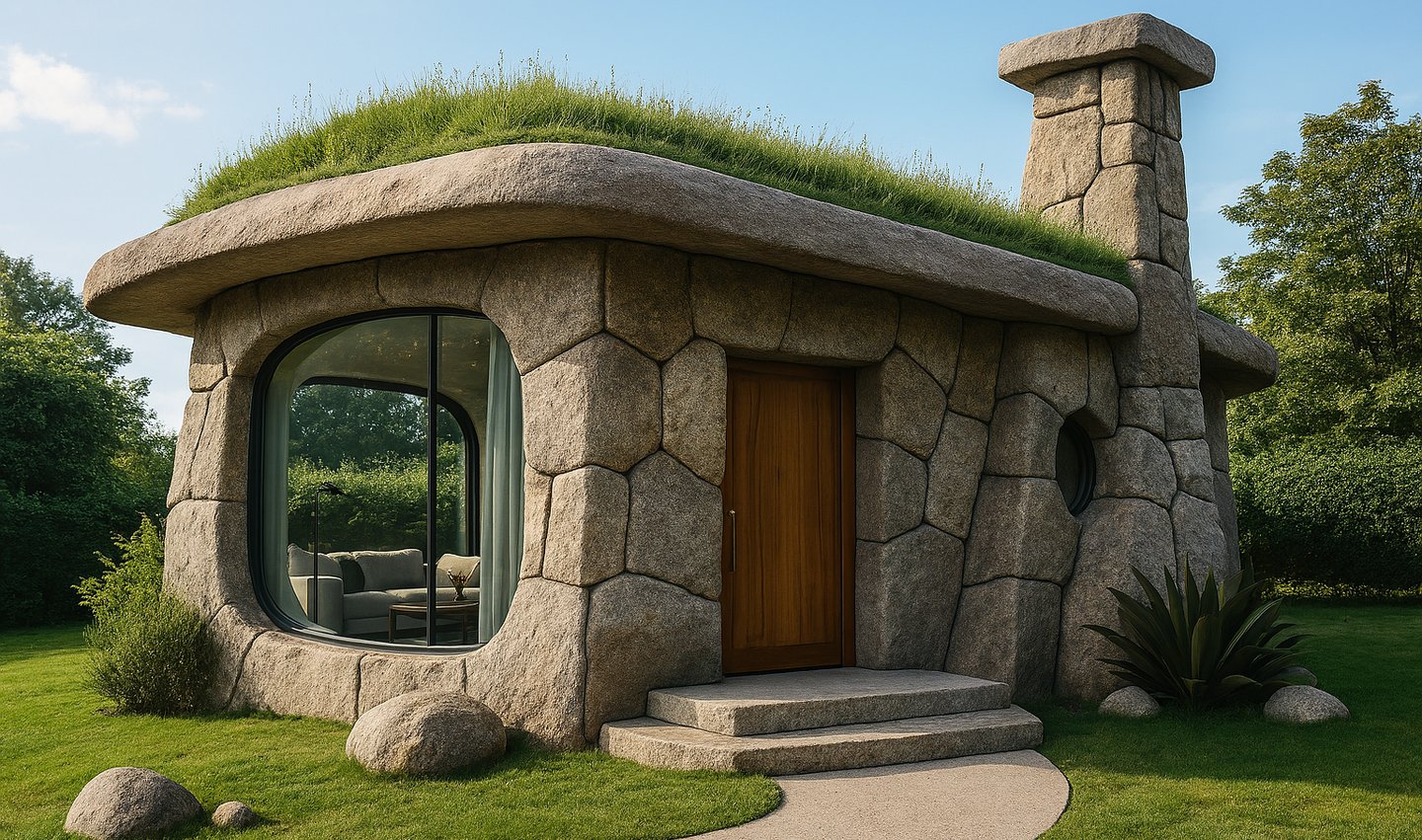 a small stone house with a green roof