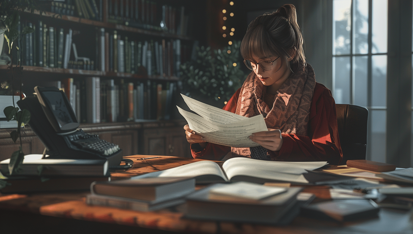 A young woman with glasses reading papers at a desk in a cozy, sunlit home library.