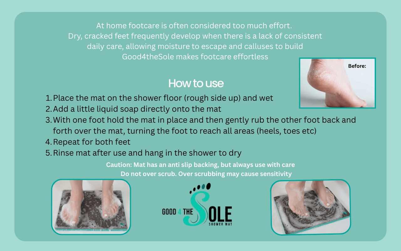 Before cracked heels compared to smooth beautiful feet using exfoliating shower mat