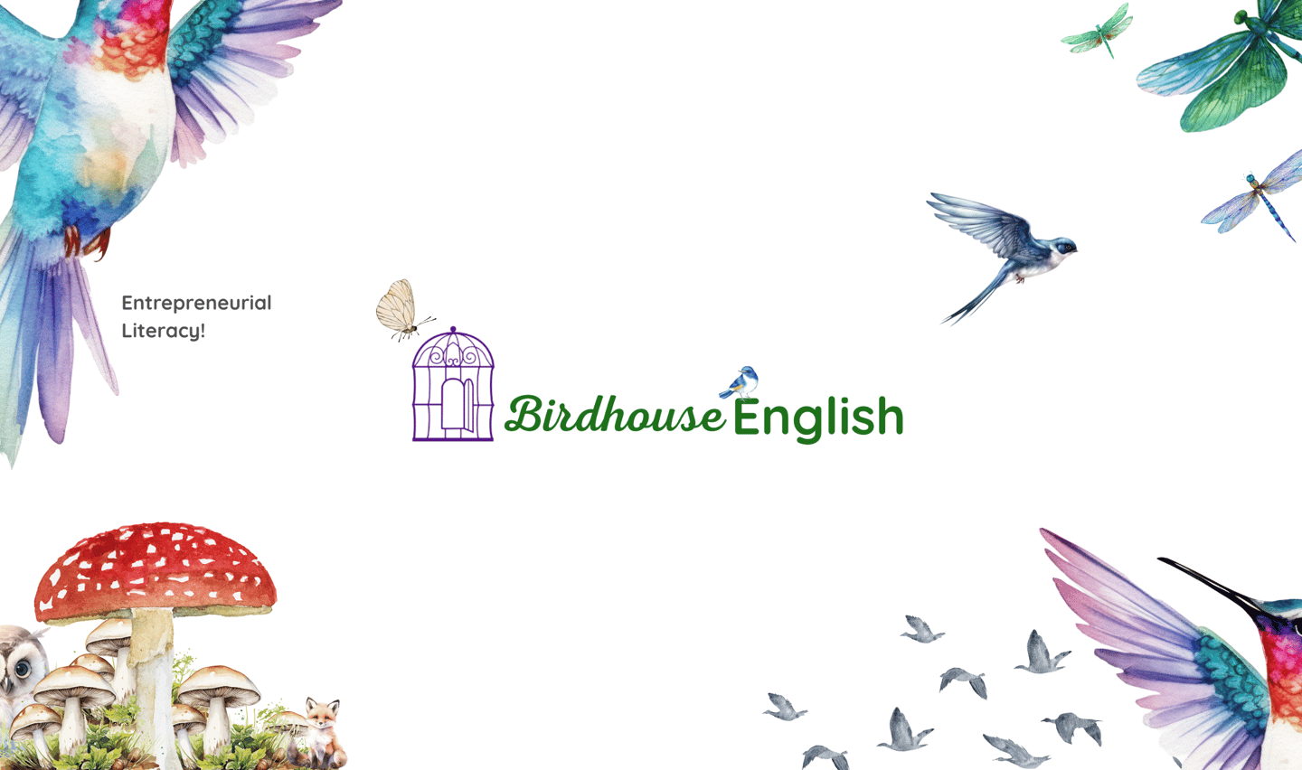 Birdhouse English banner for kids and teens with playful, colorful design elements