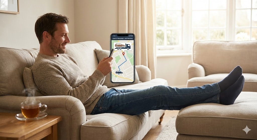 Particulier serein pendant le convoyage de sa voiture grâce au suivi en temps réel`