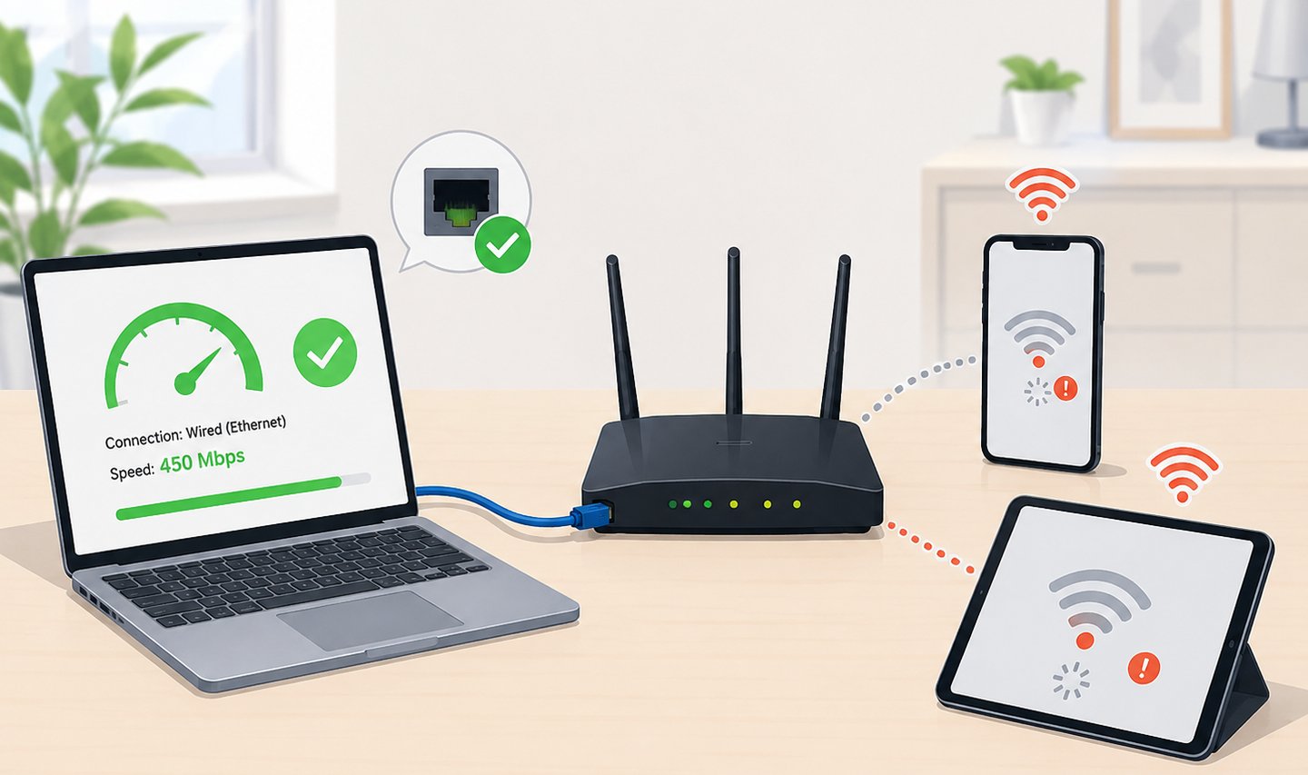 Router connected by Ethernet to a fast laptop while phone and tablet show slow Wi-Fi signal warnings.