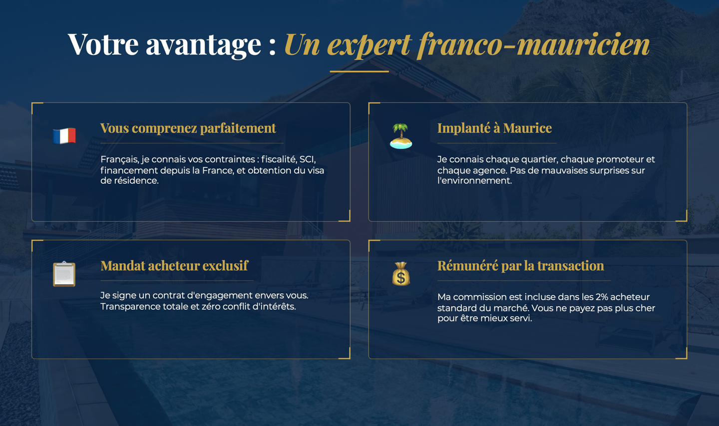 Infographie présentant les avantages d'un expert immobilier franco-mauricien pour investir à l'île Maurice.