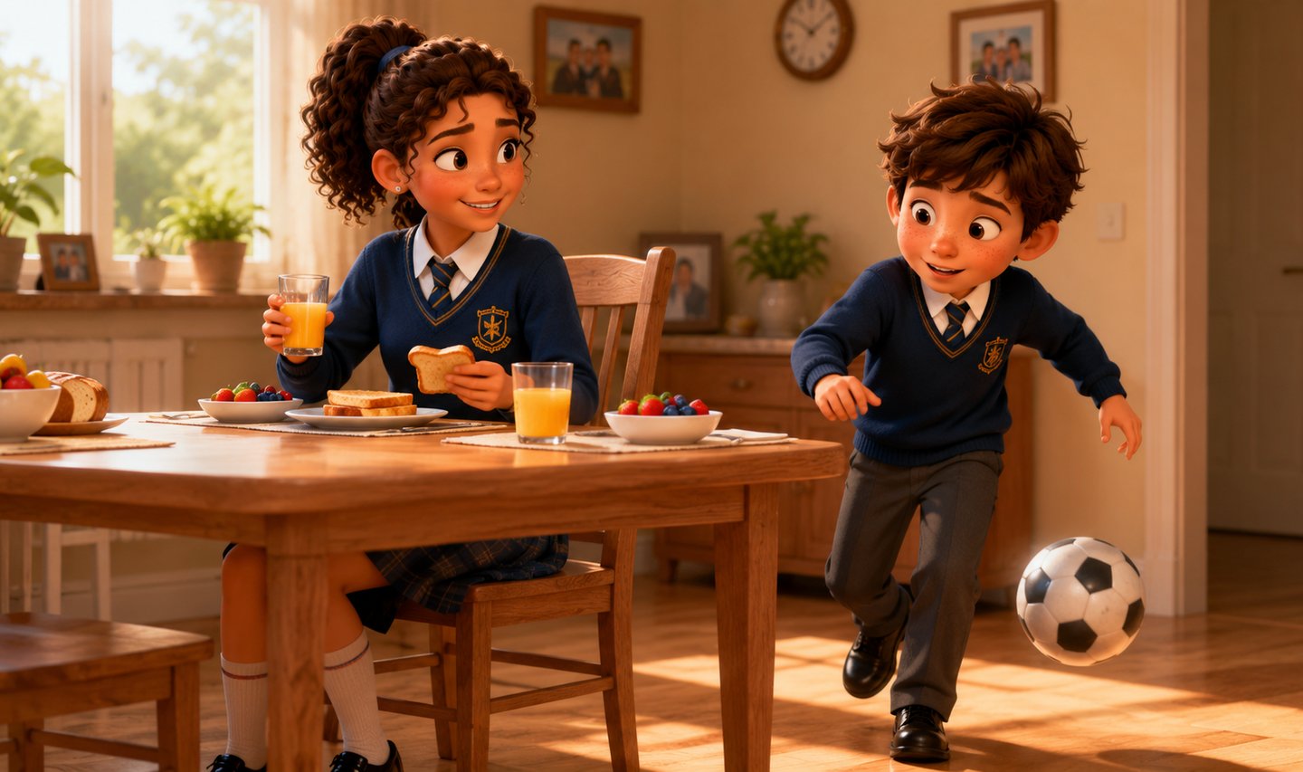 Animated children, in school uniforms eating breakfast and playing soccer in a sunny dining room.