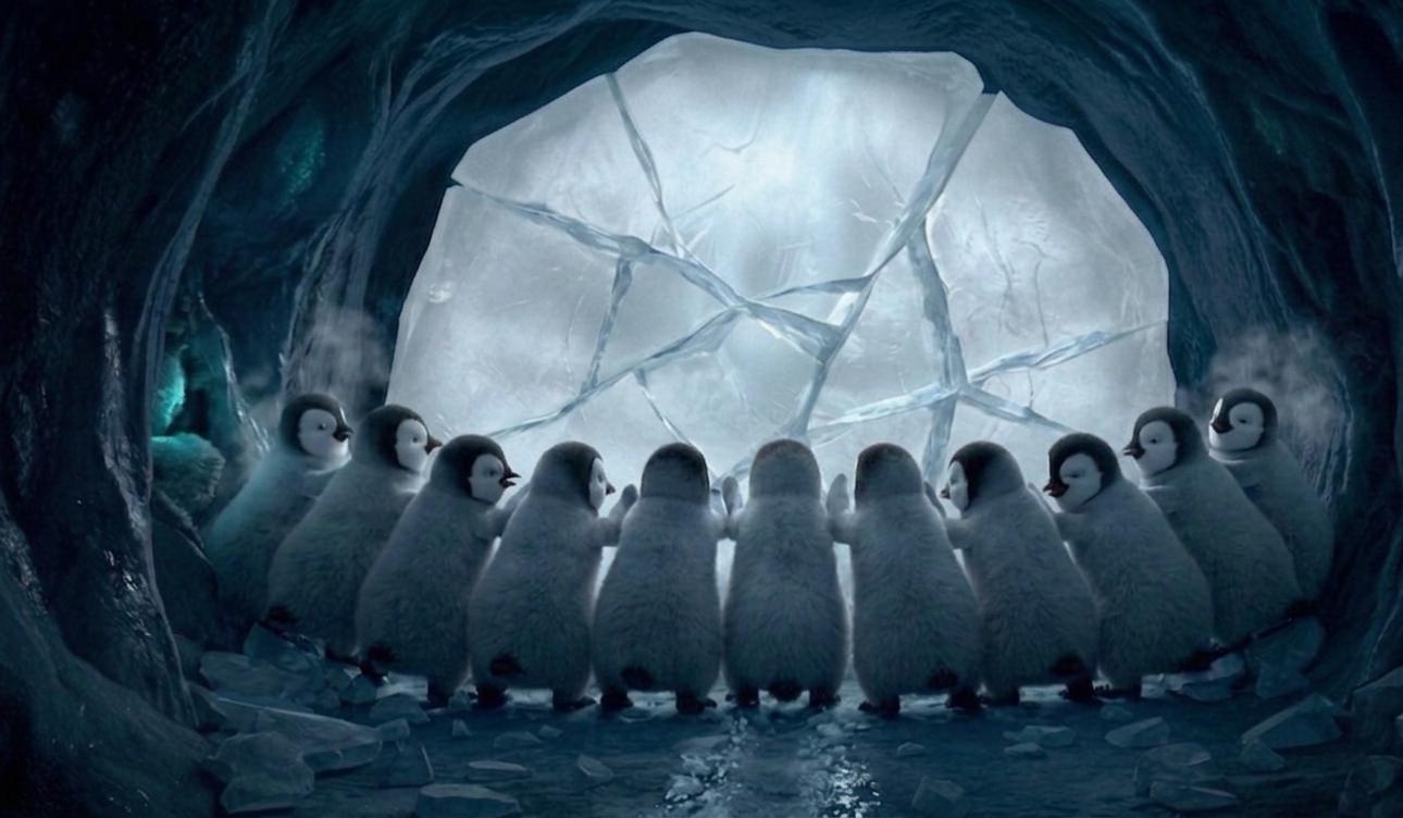 A group of fluffy baby penguins huddle together inside a frozen ice cave looking at a cracked icy wall.