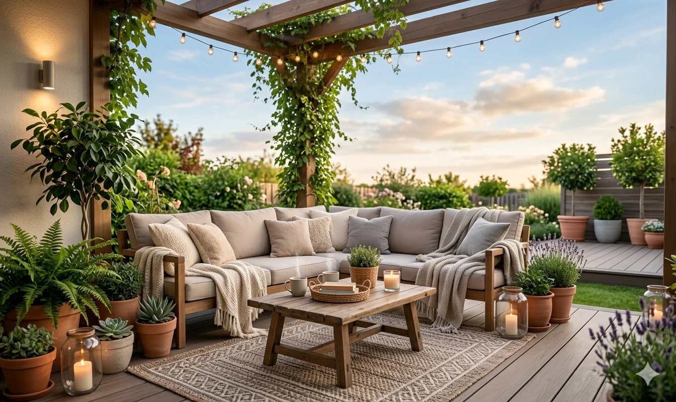 Cozy outdoor living room with comfortable seating, rug, and decorative patio setup