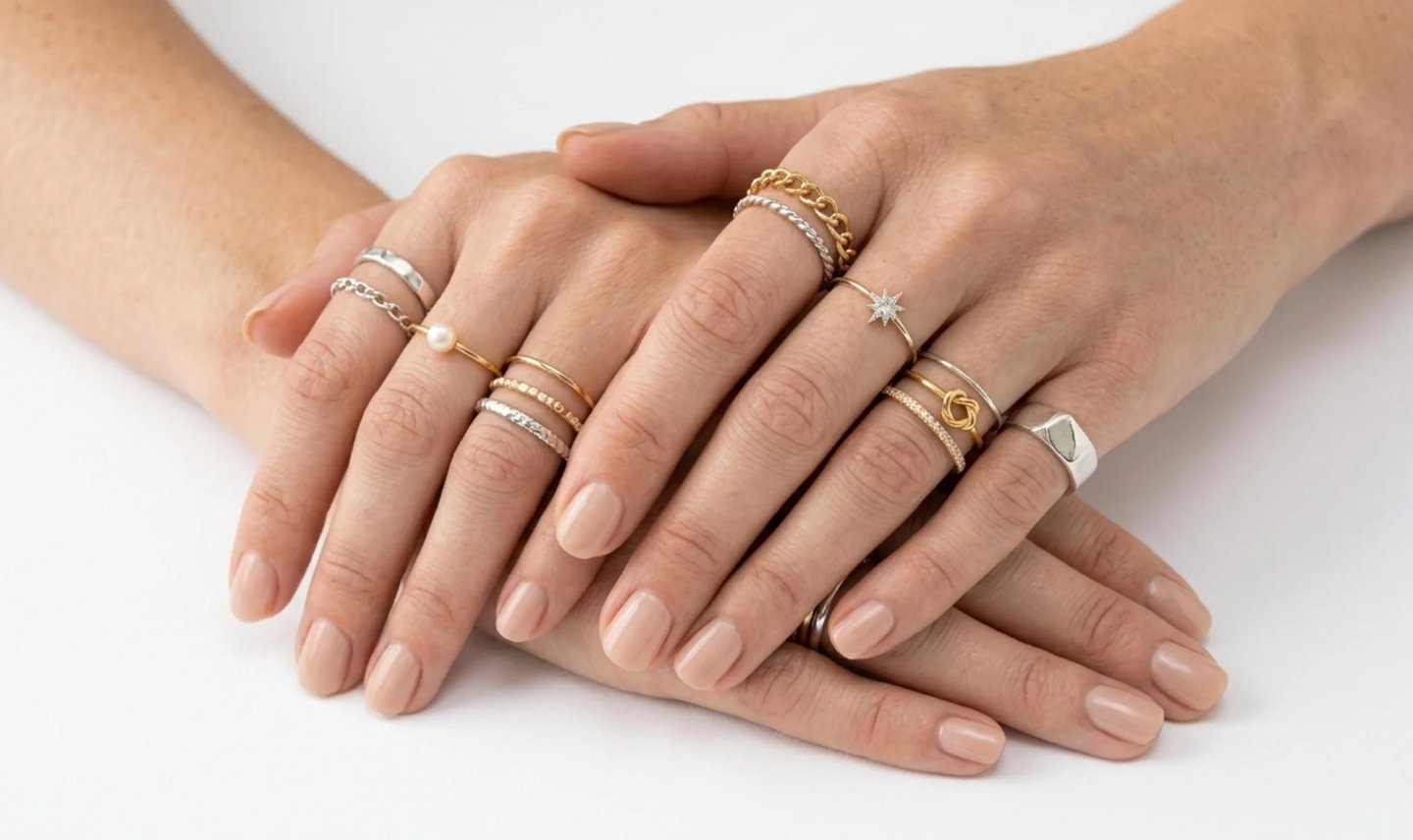 Stylish knuckle rings and midi rings on elegant fingers with minimalist jewelry fashion